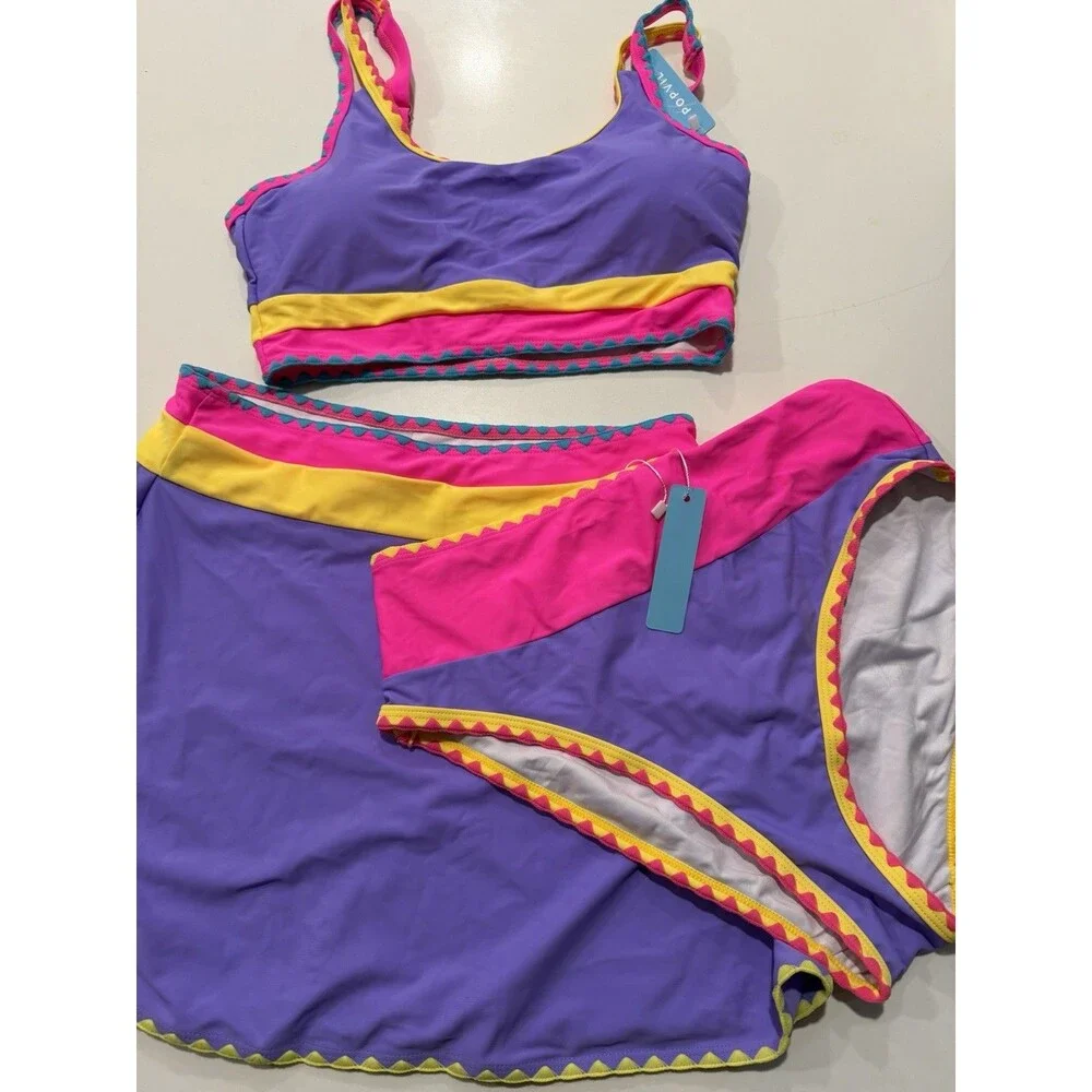 popvil Tummy Control 3 Piece Swimsuit with Skirt High Waisted Bikini Vibrant M